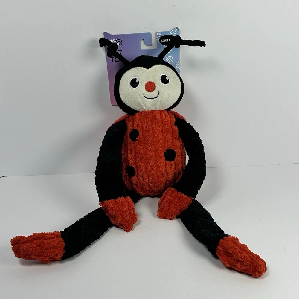 Ladybug Dog Toy Plush Squeaky Pet Toy Red Black Long Legs Cute Bug